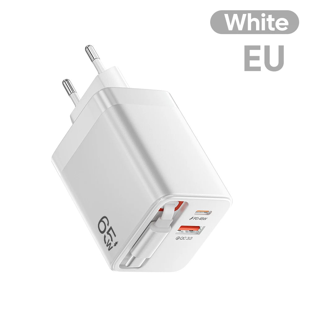 USB Wall Charger with Retractable USB-C Cable