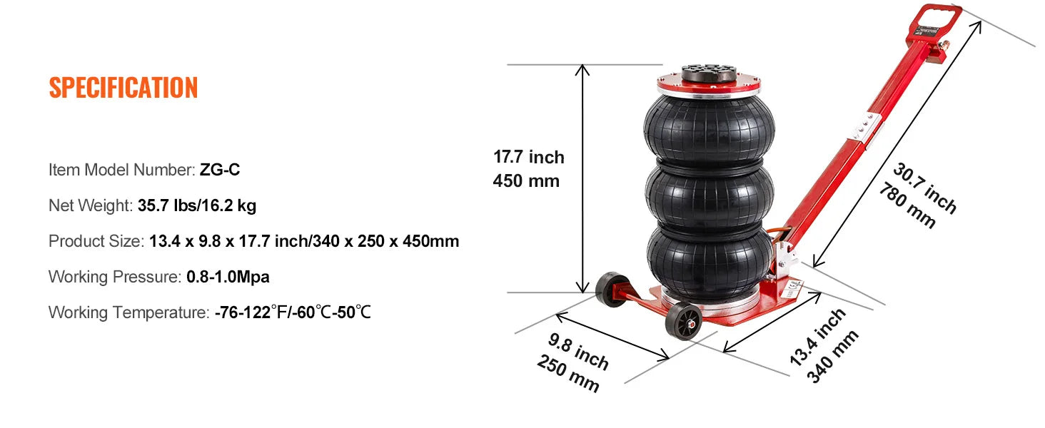 Cric pneumatique à sac d'air 3 tonnes levage rapide avec roues