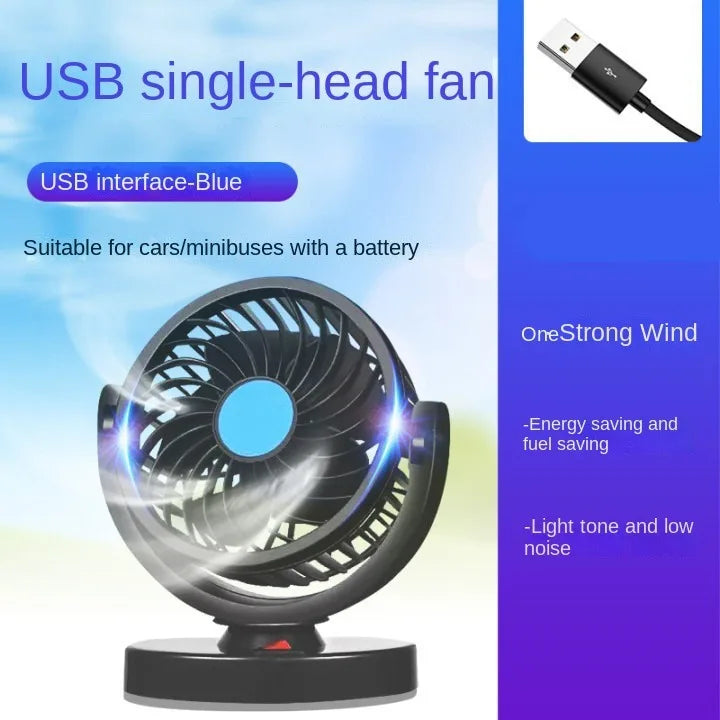360° Justerbar Dobbelt Hoved Bilventilator med USB & 12V/24V Strøm