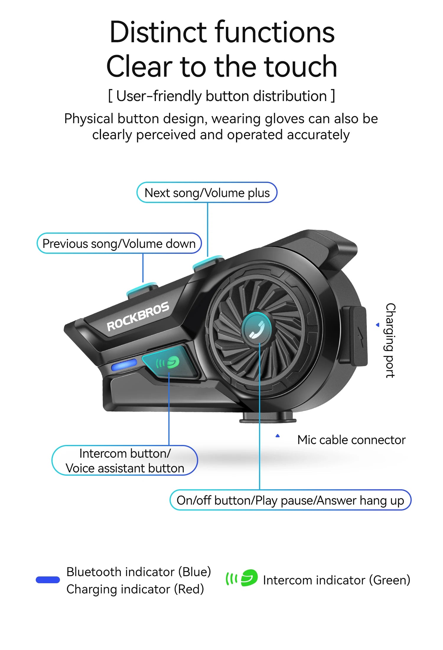 Casco Moto ROCKBROS Cuffia Interfono Impermeabile 300M BT6.0 Cuffie Controllo Vocale Batteria 1000mAh