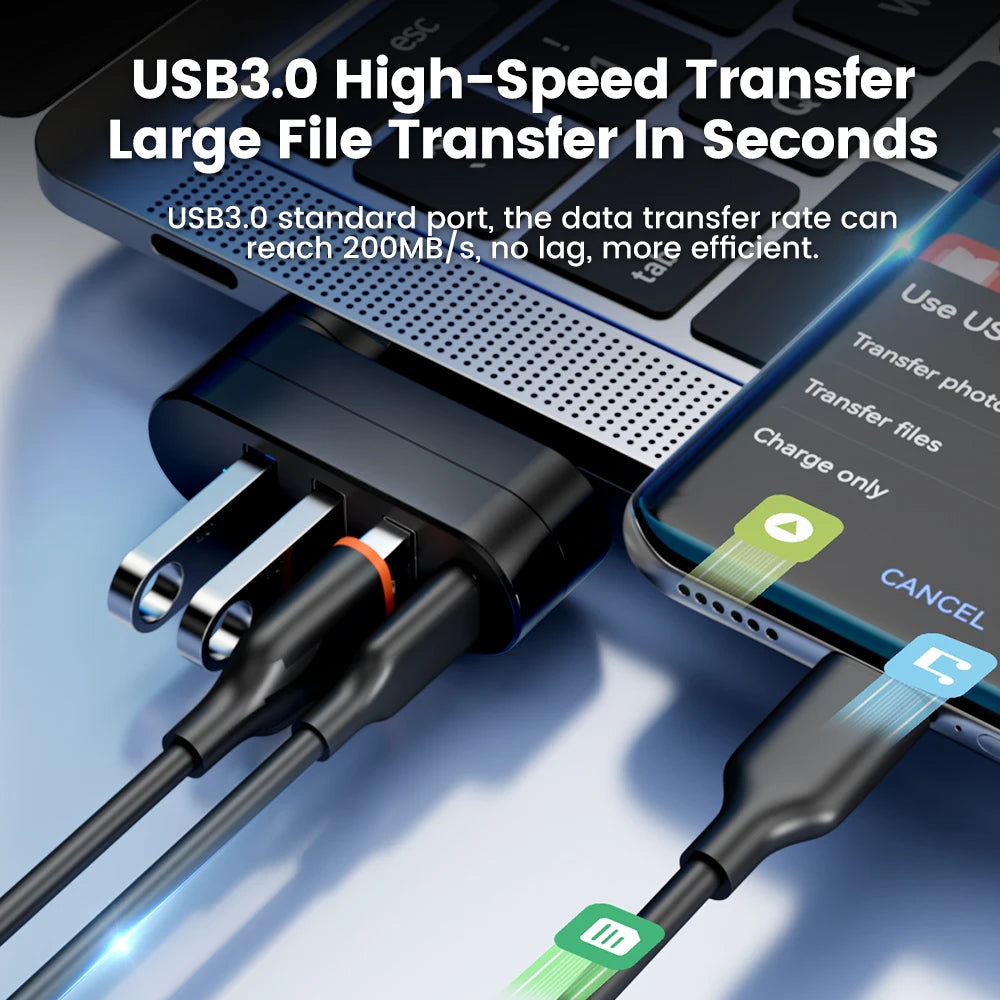 Hub USB rotativo com três portas USB-A e uma porta USB-C