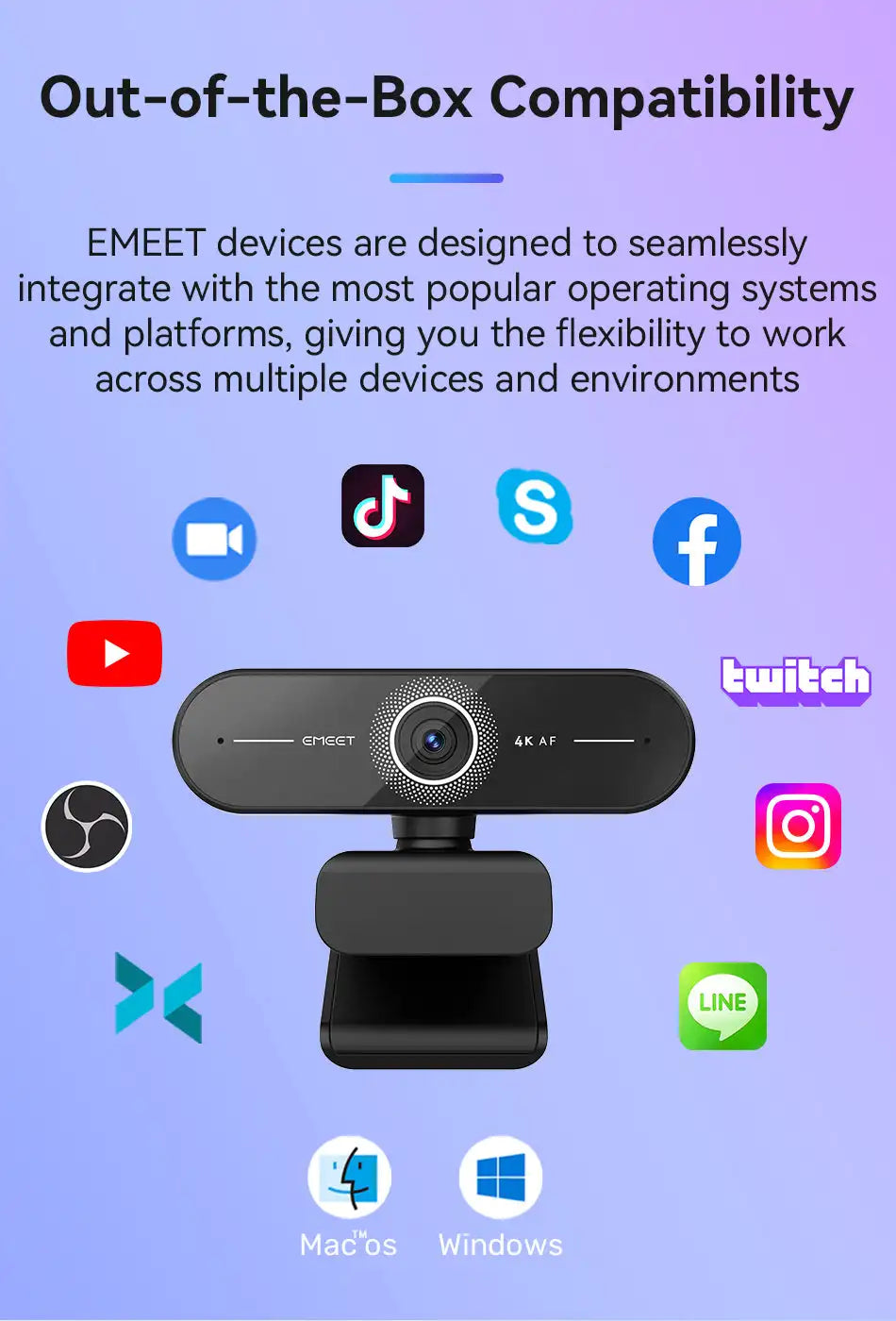 4K USB Webcam with Autofocus, Dual Microphones & Privacy Cover