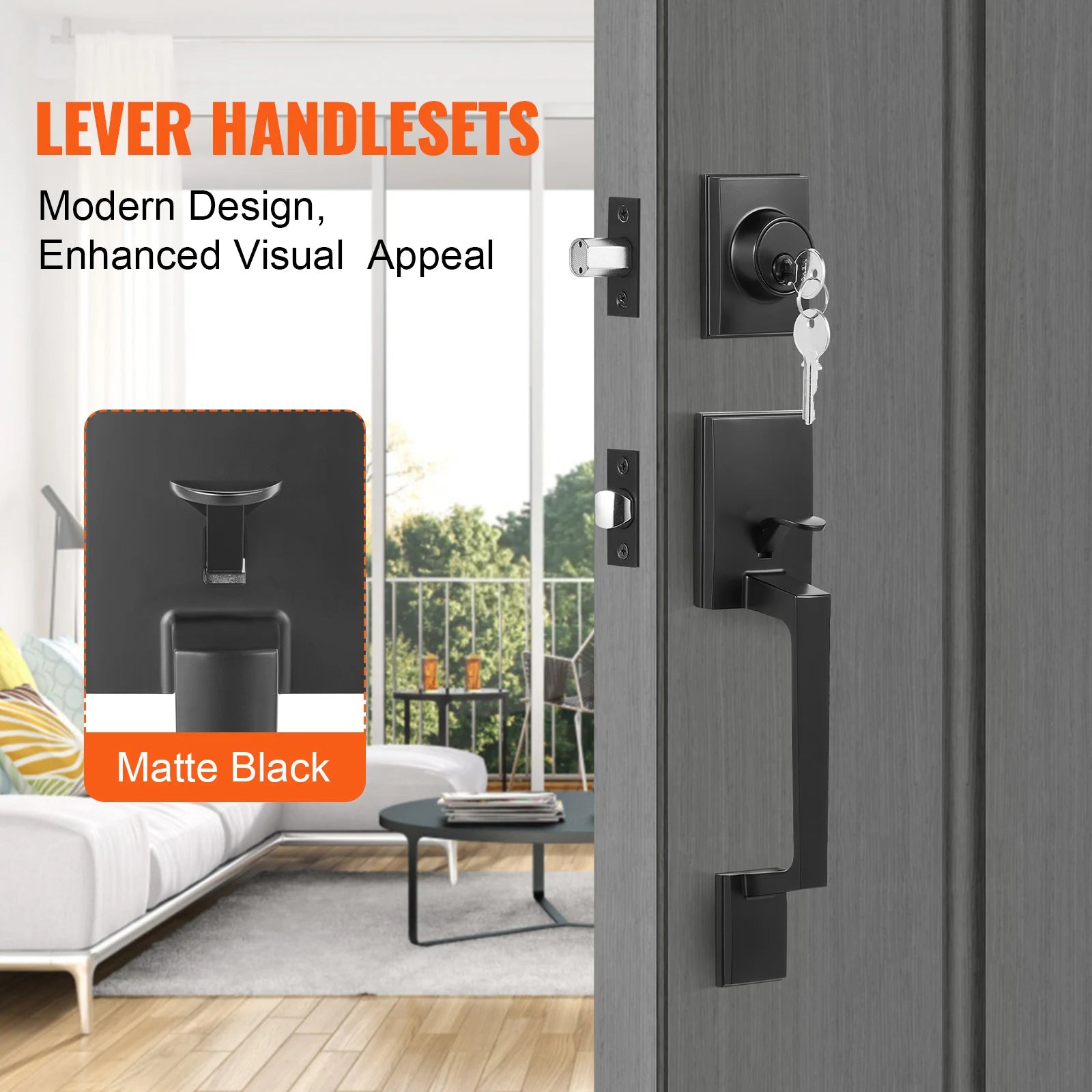 Matte Black Front Door Handle Set with Reversible Lever & Lock