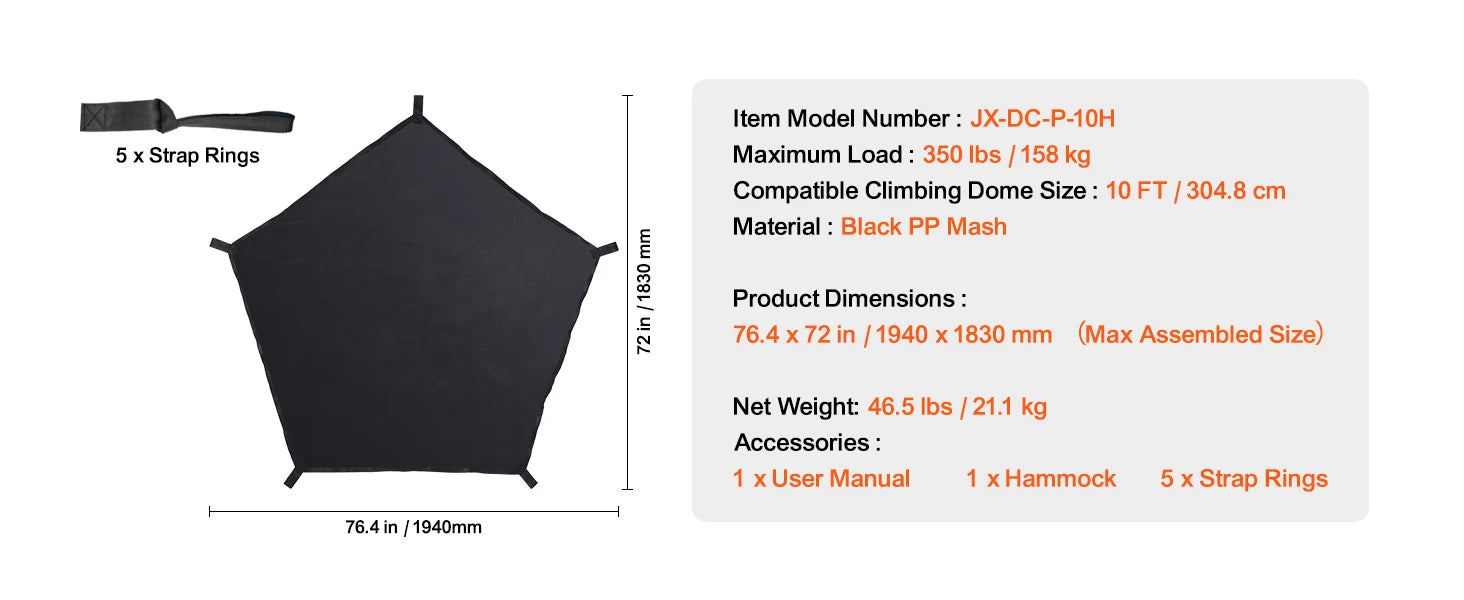 Kids Climbing Dome Jungle Gym with Swing & Hammock (6–12FT)