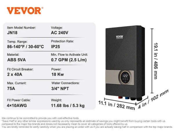 Sofortiger elektrischer Warmwasserbereiter, 8 kW, mit Digitalanzeige, zur Wandmontage