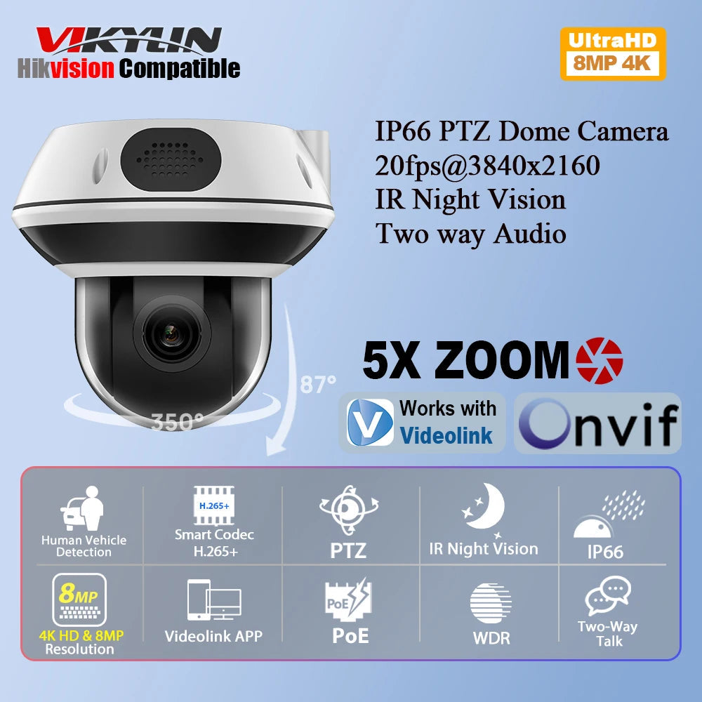 Vikylin Hikvision Compatible 8MP Dome PTZ IR Night Vision IP Camera 2-way Audio Home CCTV IP66 Outdoor Video Surveillance onvif
