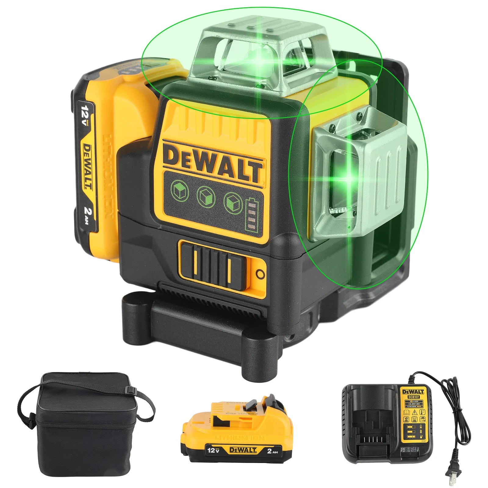 Niveau laser vert 360° à 12 lignes avec batterie 12V et auto-nivellement