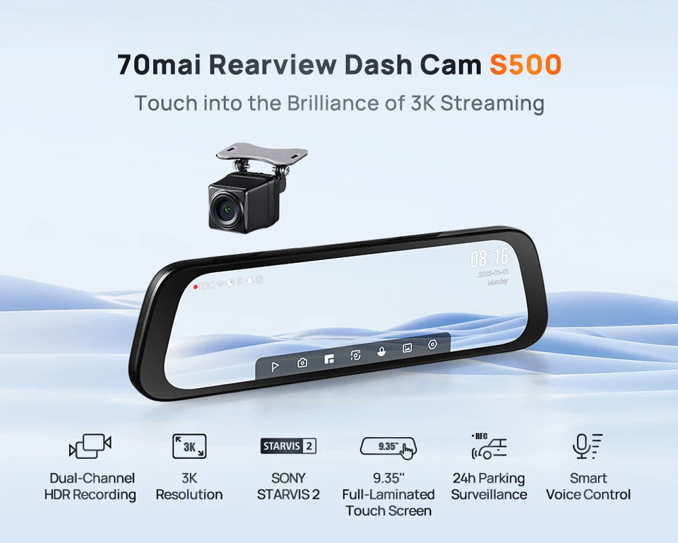 70mai Rearview Dash Cam S500 9.35'' Touch Screen 70mai S500 Car DVR 3K Super Capacitor Dual-Channel HDR Voice Control 24H Park