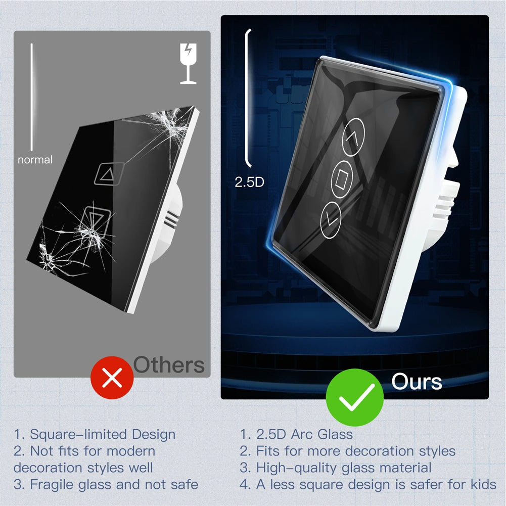 MOES WiFi RF433 Smart 2.5D Arc Glass Touch Curtain Switch for Roller Blinds Shutters Smart Life/Tuya APP Works Alexa Google Home