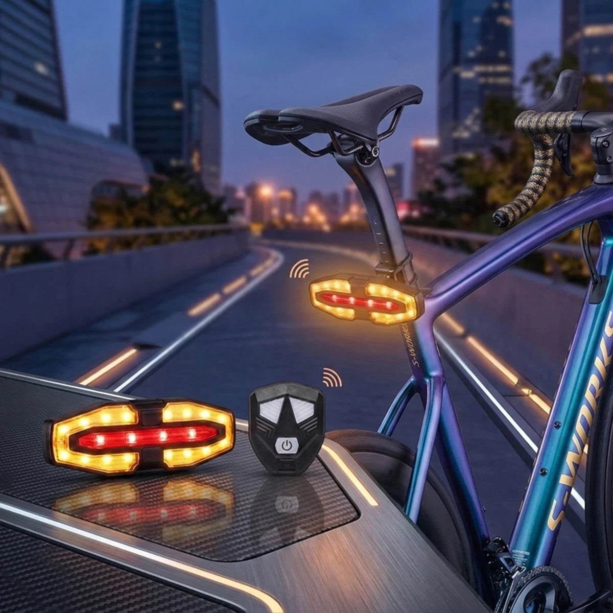 Luz trasera de bicicleta con control remoto y señales de giro