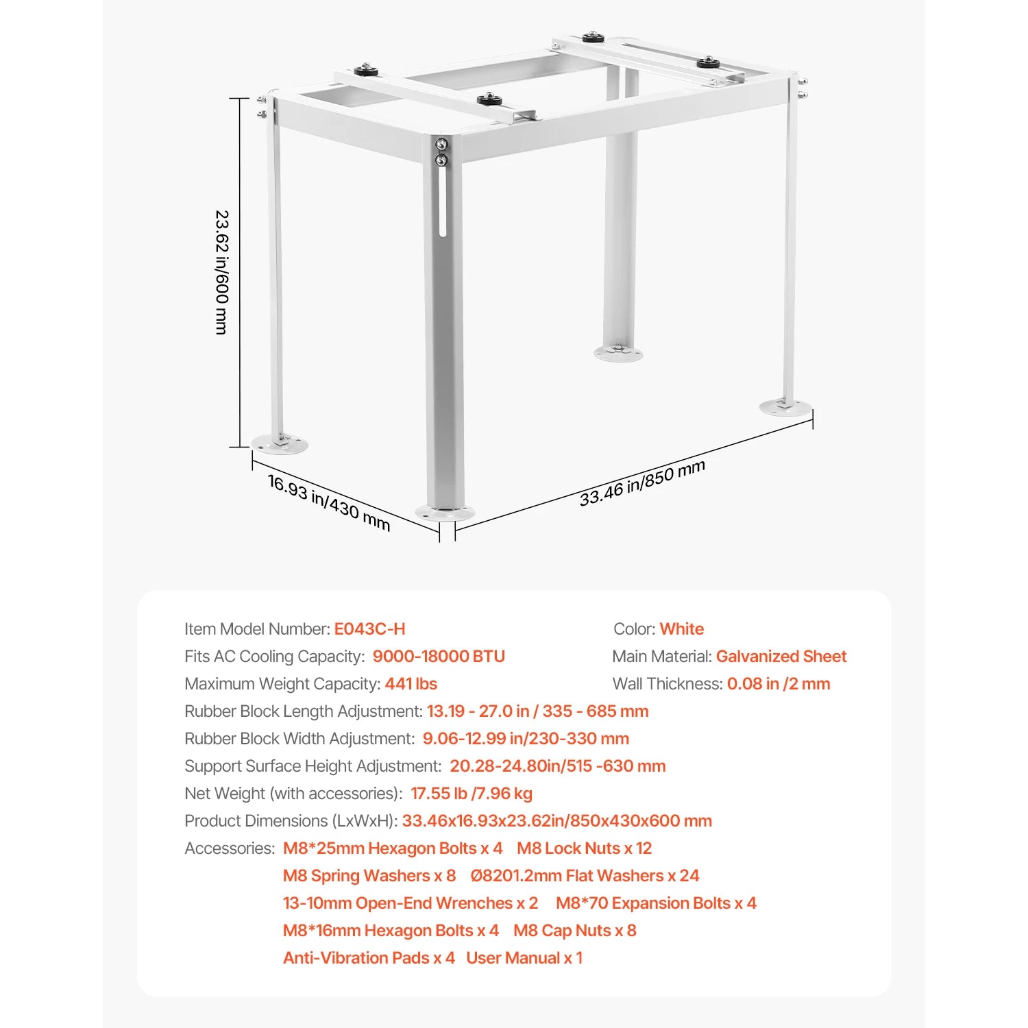 Mini Split Ground Stand Adjustable Anti-Vibration Stand for 9000-36000 BTU Outdoor Units