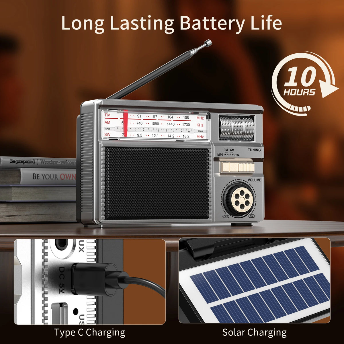 Retro-draagbare radio met Bluetooth en opladen op zonne-energie