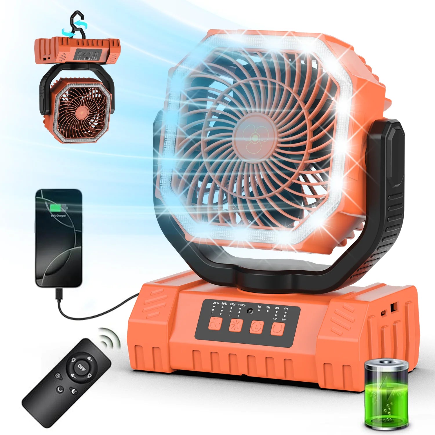 20000mAh Rechargeable Camping Fan with Auto Oscillation, Remote, Timer and LED Lantern