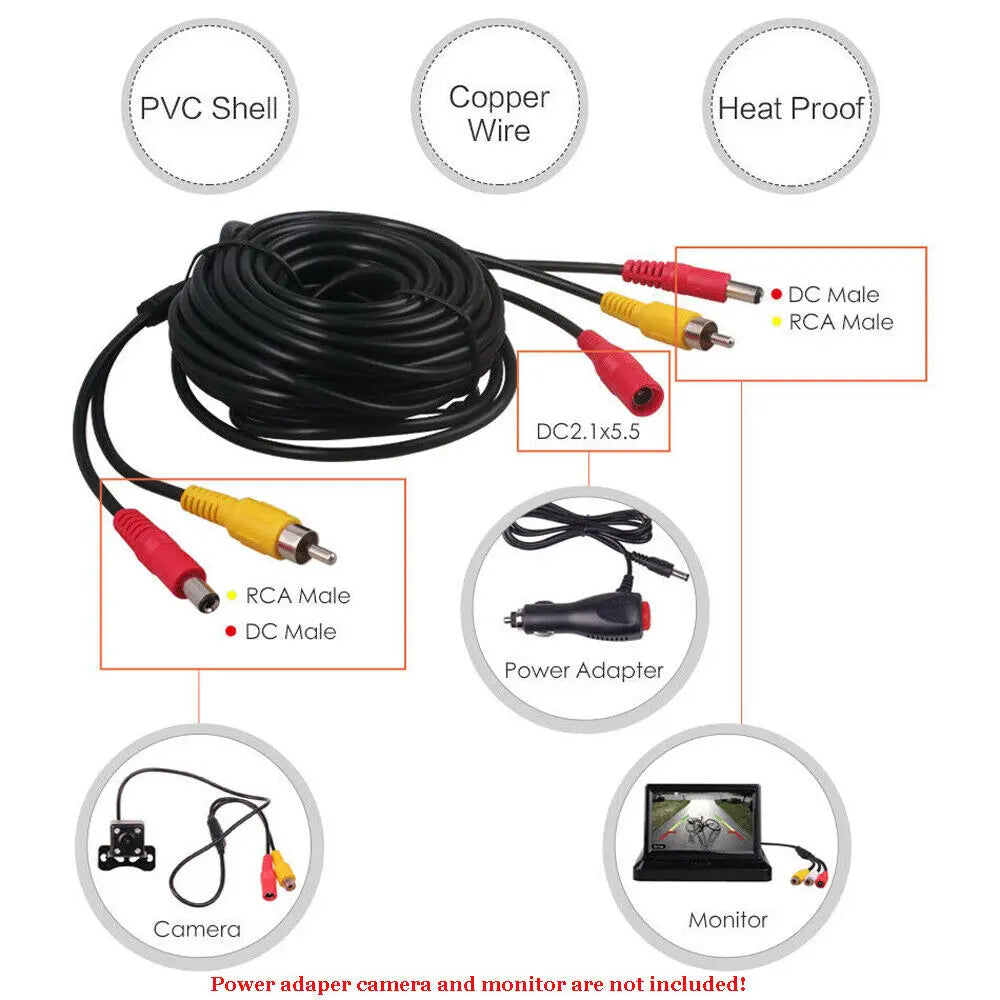 Cable de extensión RCA para vídeo de coche de 6 M/10M/15M, 2 en 1, para cámara de reversa