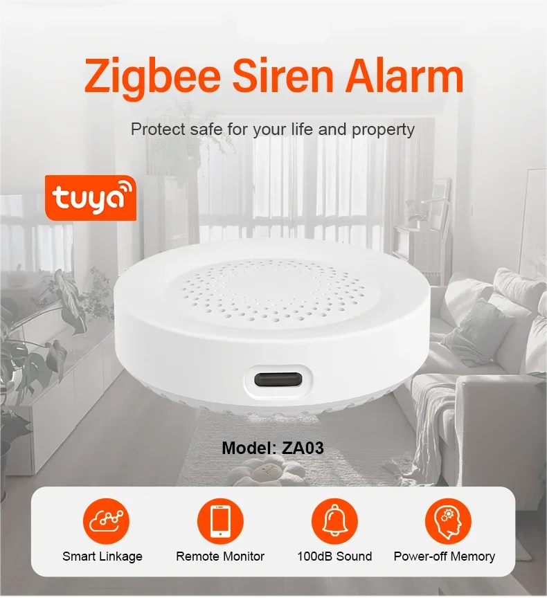 Tuya Zigbee Siren Alarm For Smart Home Security 100db Speaker Works With Alexa Yandex Alice Require Tuya Zigbee Hub.