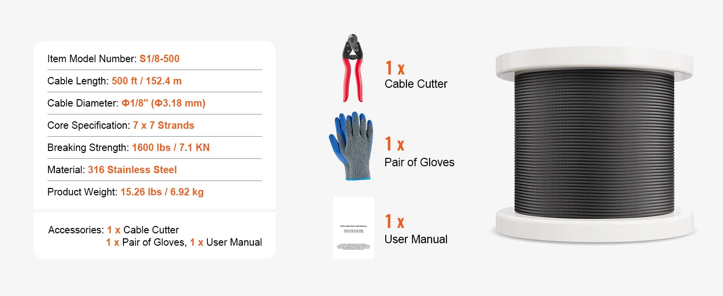 316 Stainless Steel Wire Rope Kit 500ft with Cutter & Gloves