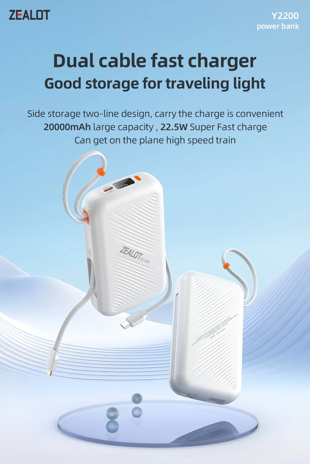 20000mAh Portable Power Bank with USB-C Cable and Digital Display