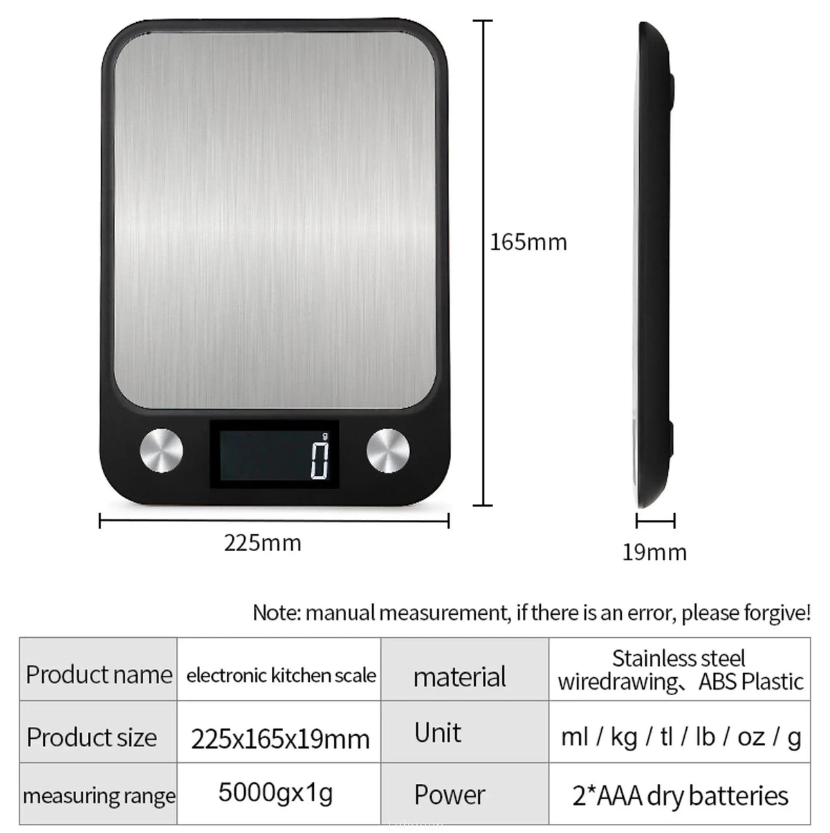 Digital kjøkkenvekt, 15 kg / 1 g, rustfritt stål