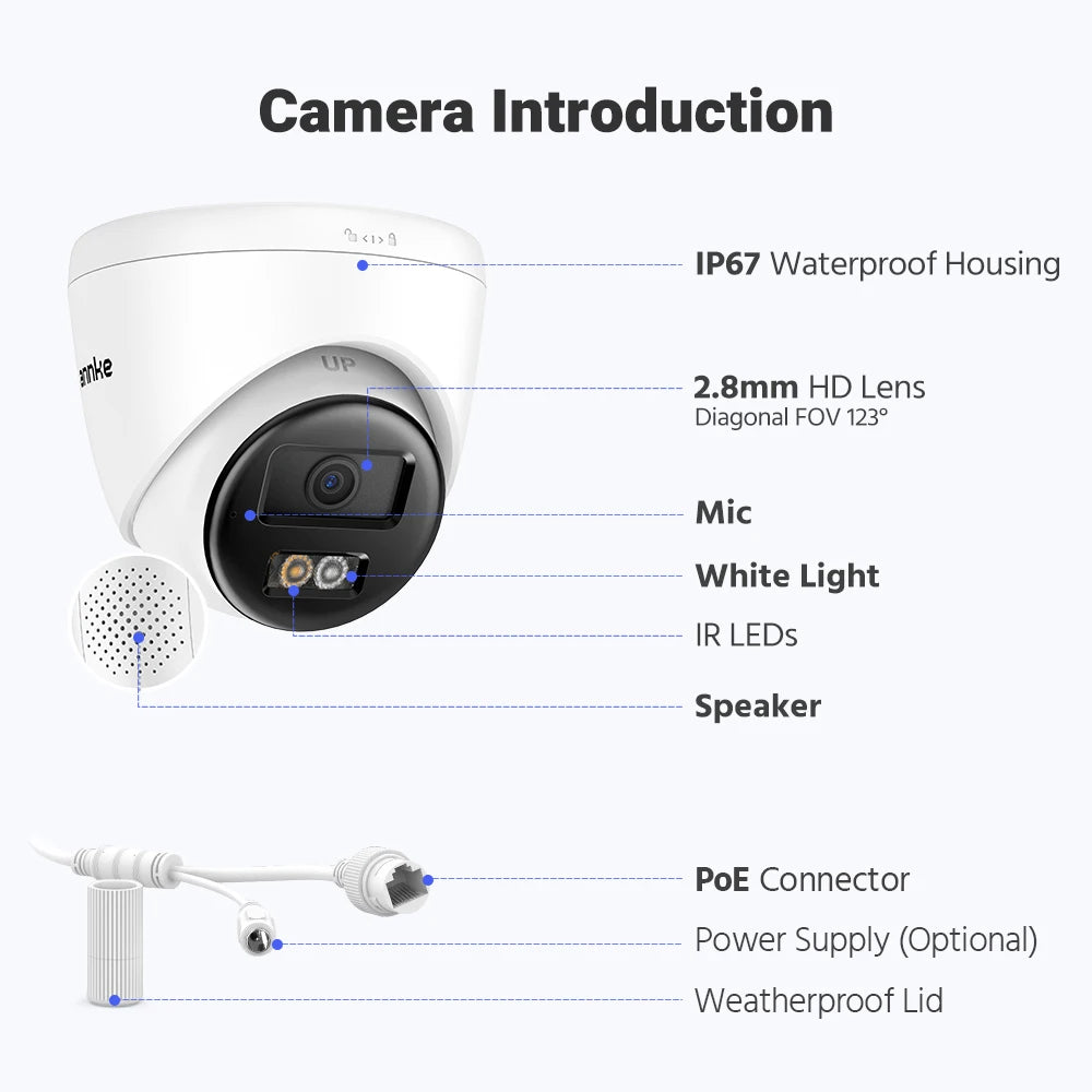 3K 5MP Outdoor IP Camera with Color Night Vision, Wide Angle, PoE, Two-Way Audio