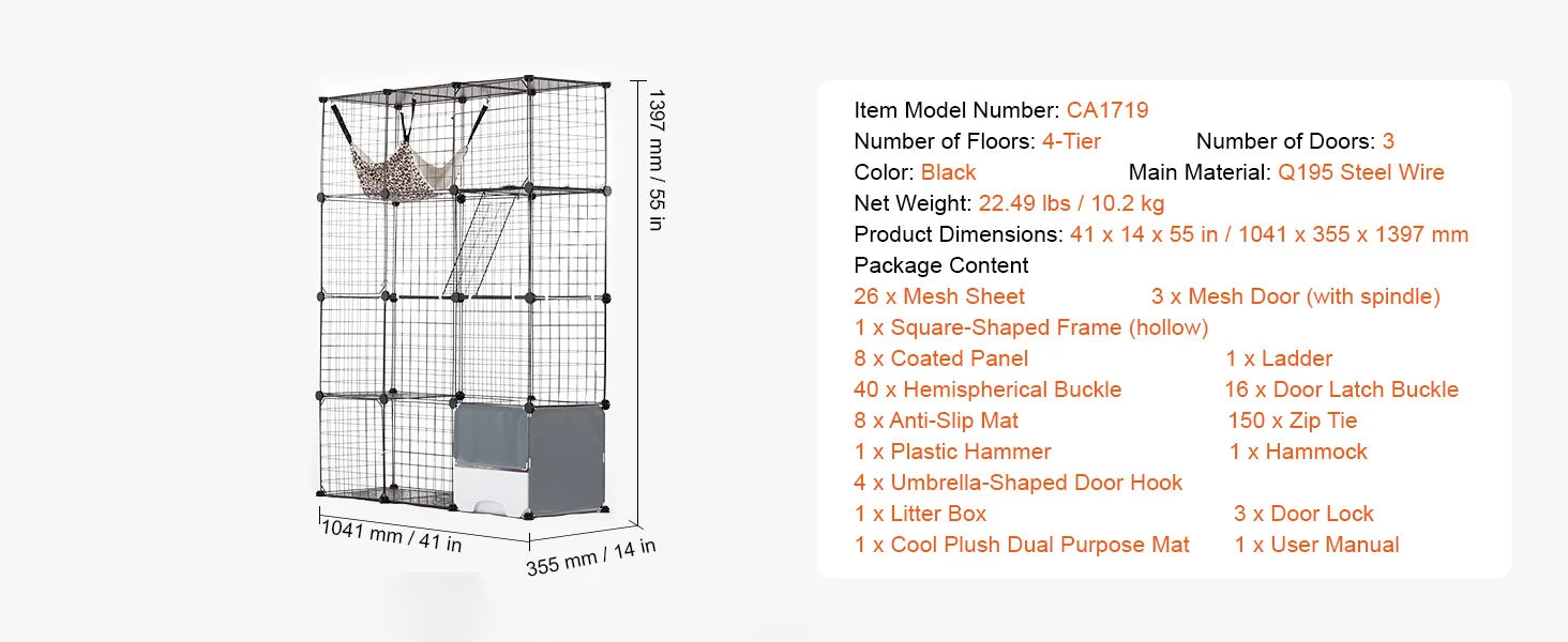 Gaiola grande para gatos SucceBuy, gaiola de metal com separação, jaula de arame com portas frontais, rede para gatos, rampa, escadas, casinha, espaço para exercício para gato