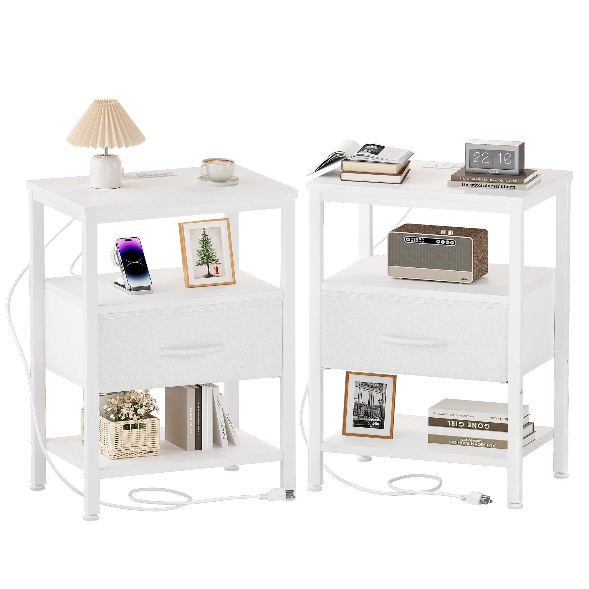3-Tier Nightstand Set of 2 with Charging Station and Storage Drawers