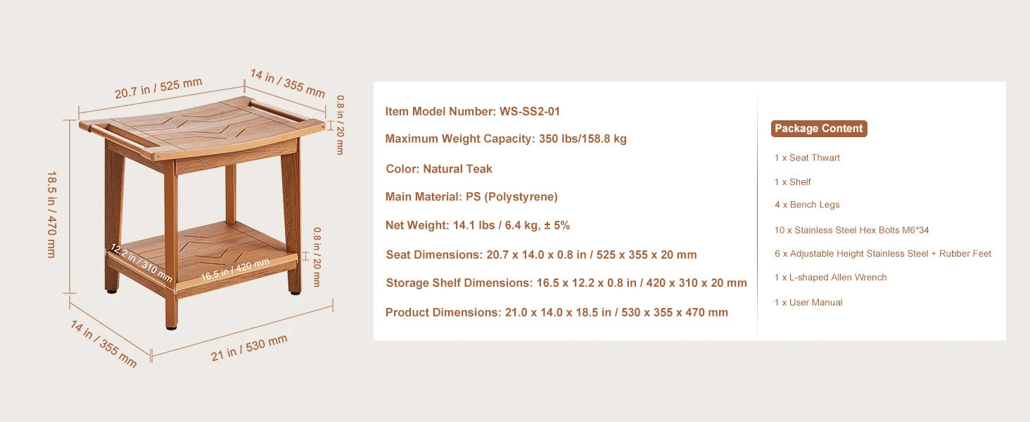 Bamboo Shower Bench with Storage Shelf 330lb Capacity Stool