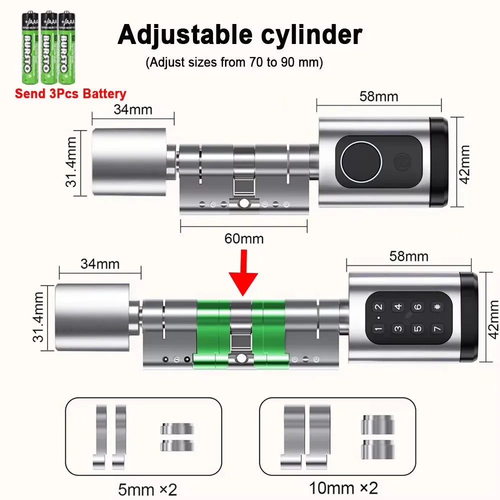 Electronic Digital Tuya Smart Lock Cylinder with Fingerprint Password App Bluetooth Card Mechanical Key Easy Replacement Battery