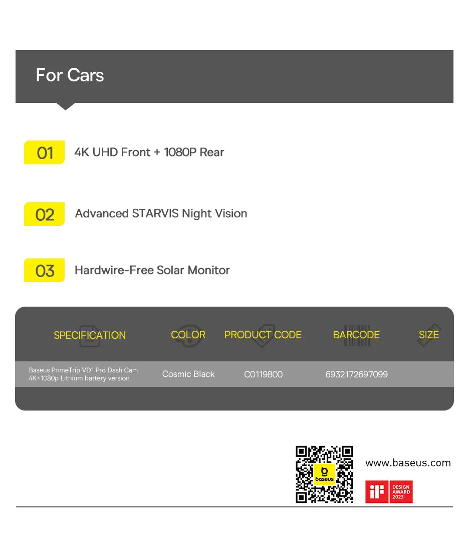 Baseus 4K Front and Rear Dash Cam with STARVIS Night Vision