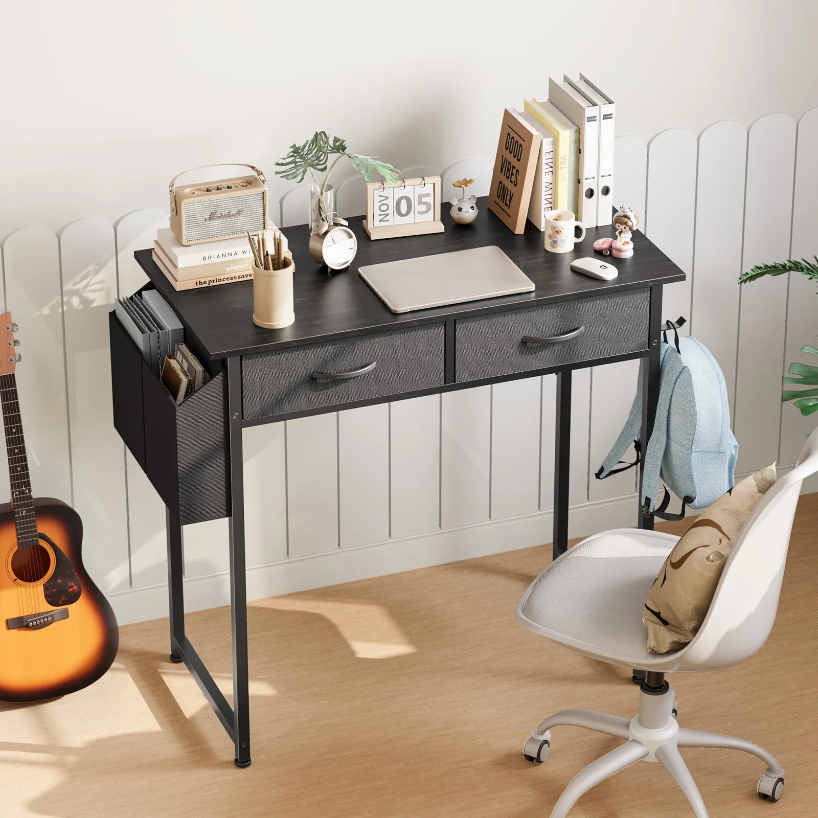 32 Inch Modern Office Desk with Drawers and Side Storage Bag
