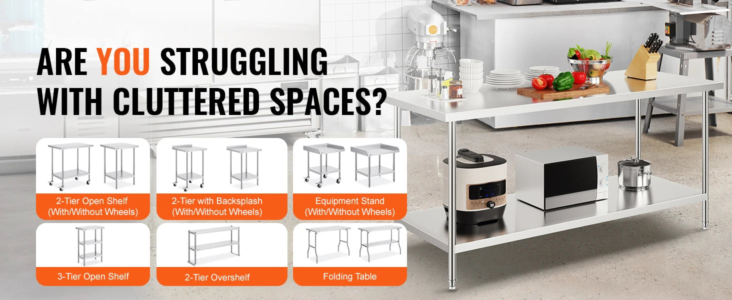 Stainless Steel Work Table with Adjustable Shelves for Kitchen Use