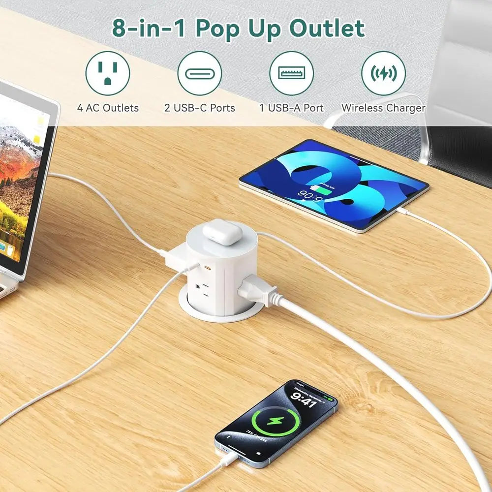 8-w-1 wysuwane gniazdo biurkowe z USB-C 20W i bezprzewodowym ładowaniem 15W