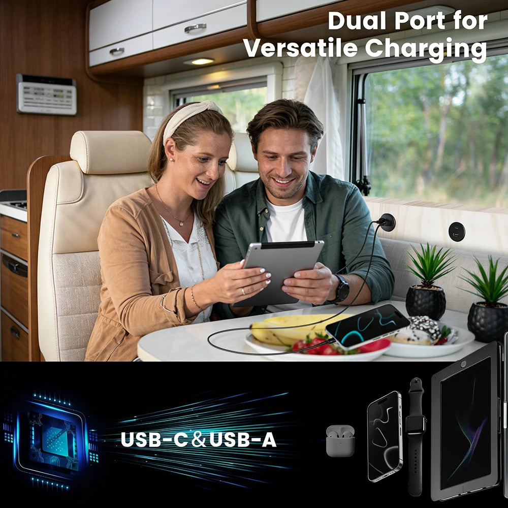 12V USB изход PD Type-C USB-A двоен порт гнездо за запалка за цигари, заместител за лаптоп, каравана, ремарке, камион, лодка, голф количка
