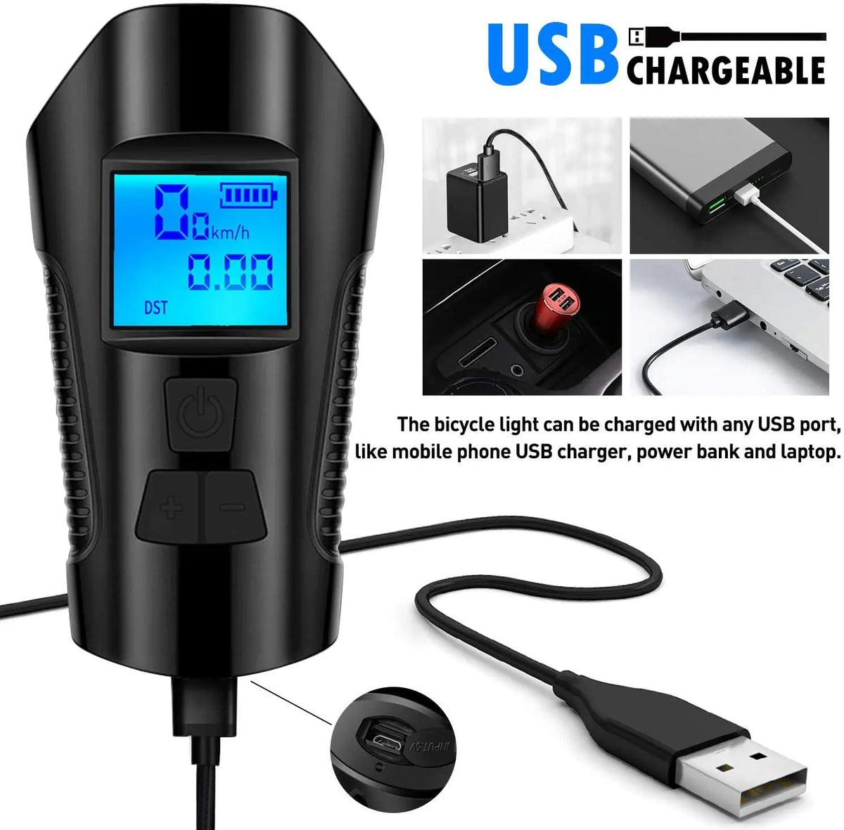 Rechargeable Bicycle Light with Horn and Speed Display