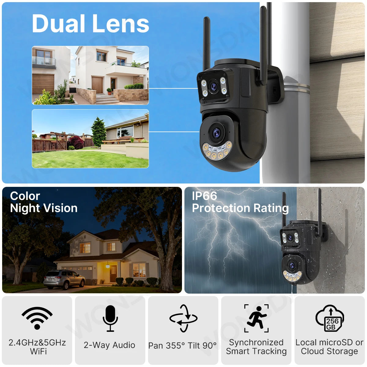 2.4GHz & 5GHz WiFi PTZ Security Camera with Smart Tracking, Night Vision, Two-Way Audio