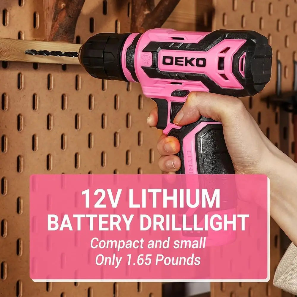 12V Cordless Pink Drill Set with 1.5Ah Battery and Tool Kit
