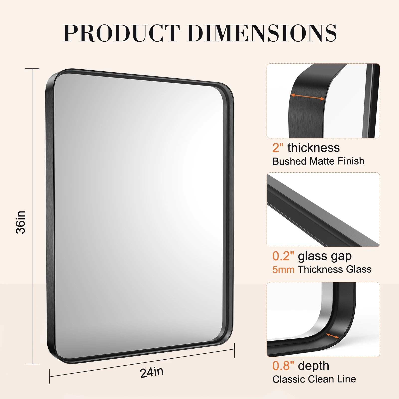 24x36 Inch Matte Black Framed Wall Mirror with Tempered Glass
