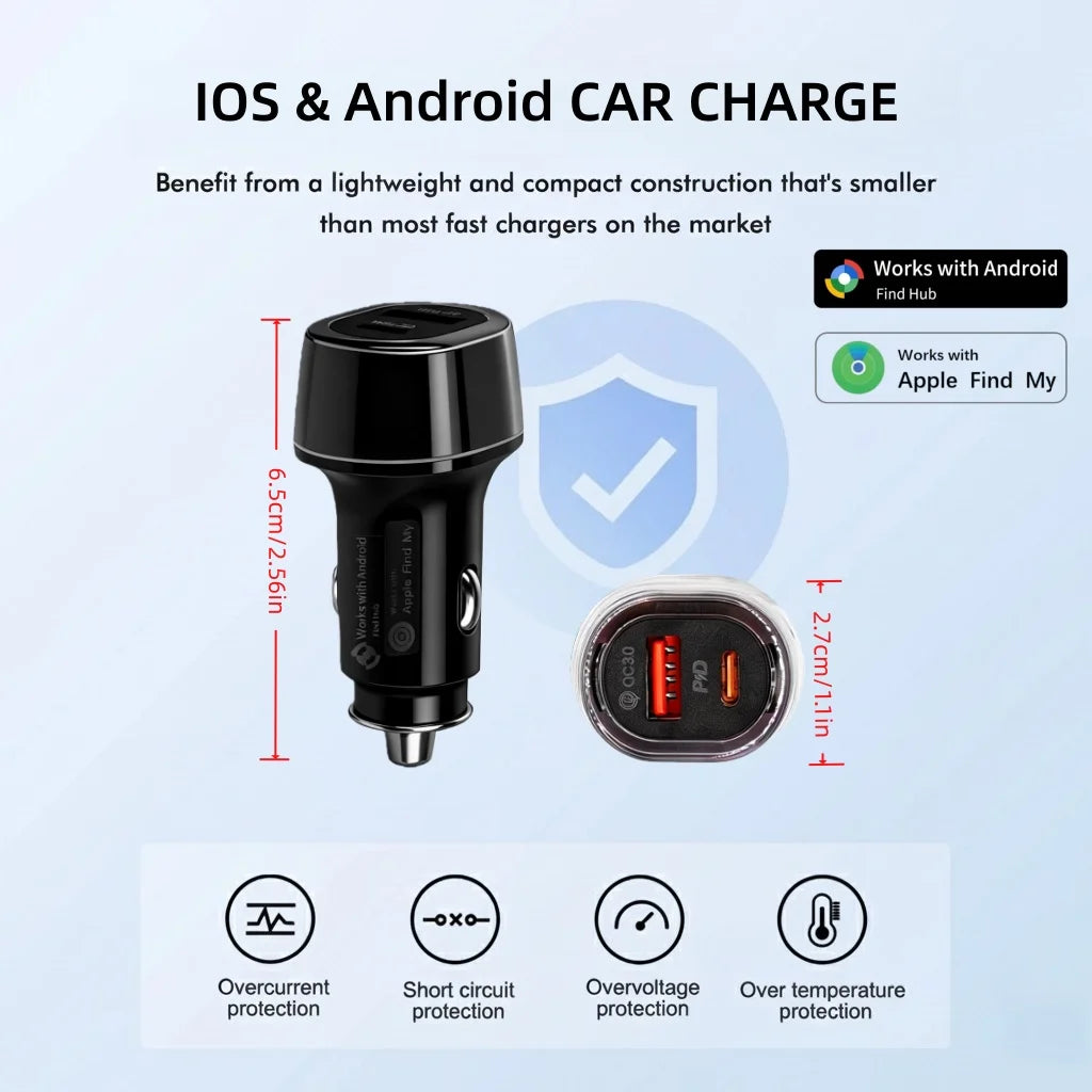 33W Car GPS Locator Tracker with USB Type-C QC3.0 Fast Charging – Works with Apple Find My App, Google & Android