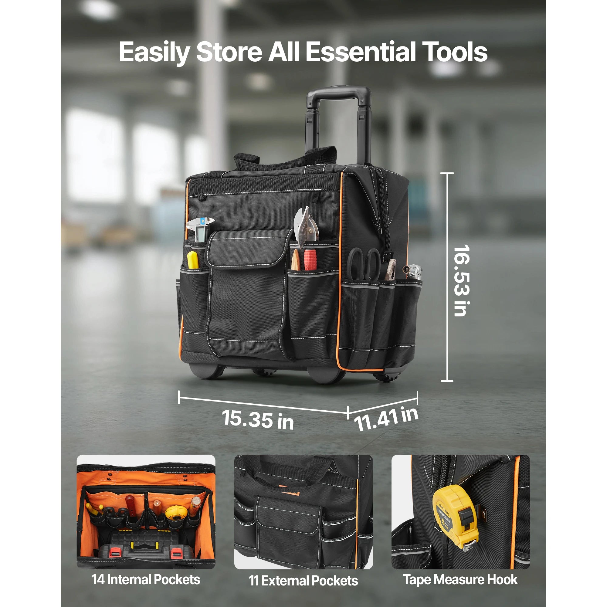 110L Werkzeugtasche mit Rollen, 25 Taschen & Teleskopgriff