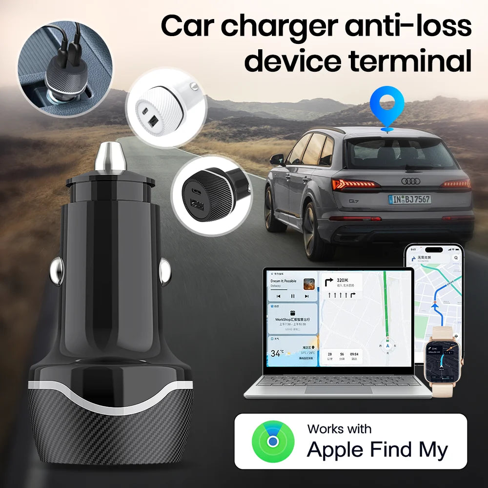2in1 Car Charger GPS Tracker, USB Type-C Phone Fast Charging with Find My App for iOS & Android Google Find My