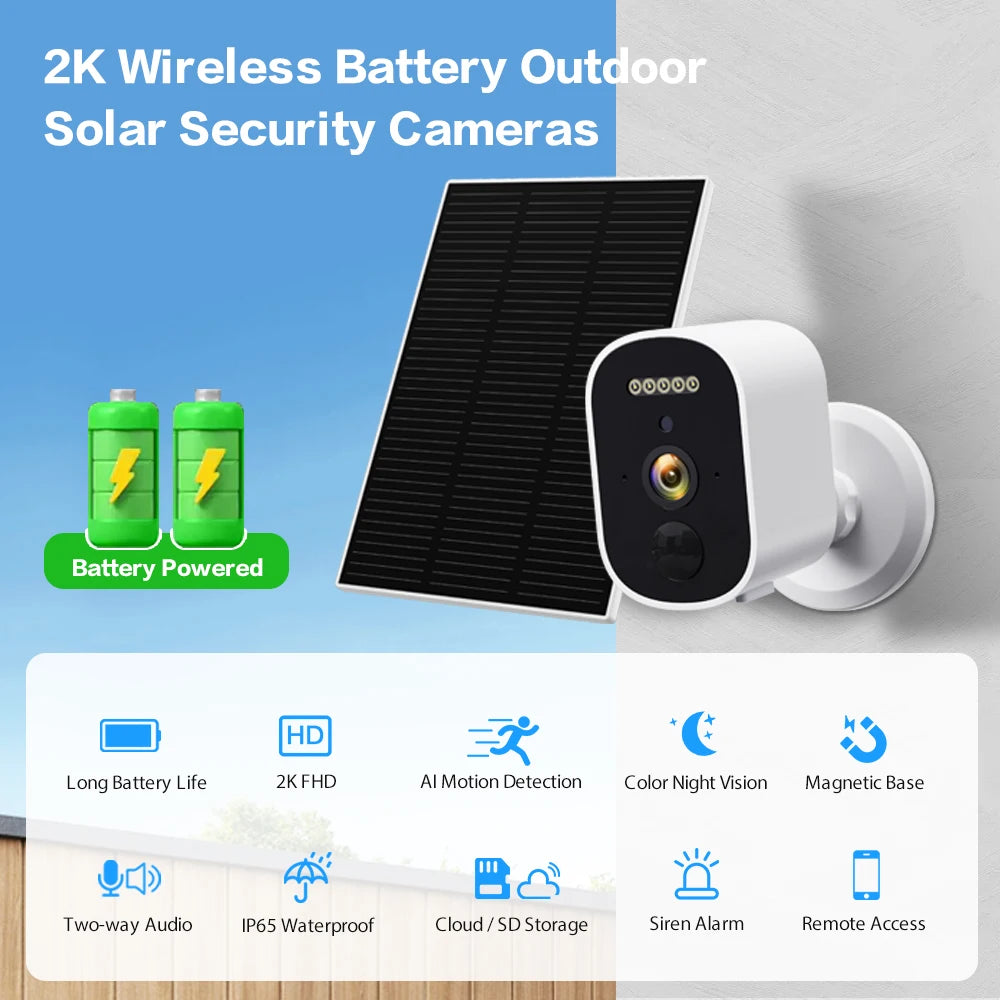 2K 3MP Wireless Solar Security Camera with Battery and Night Vision