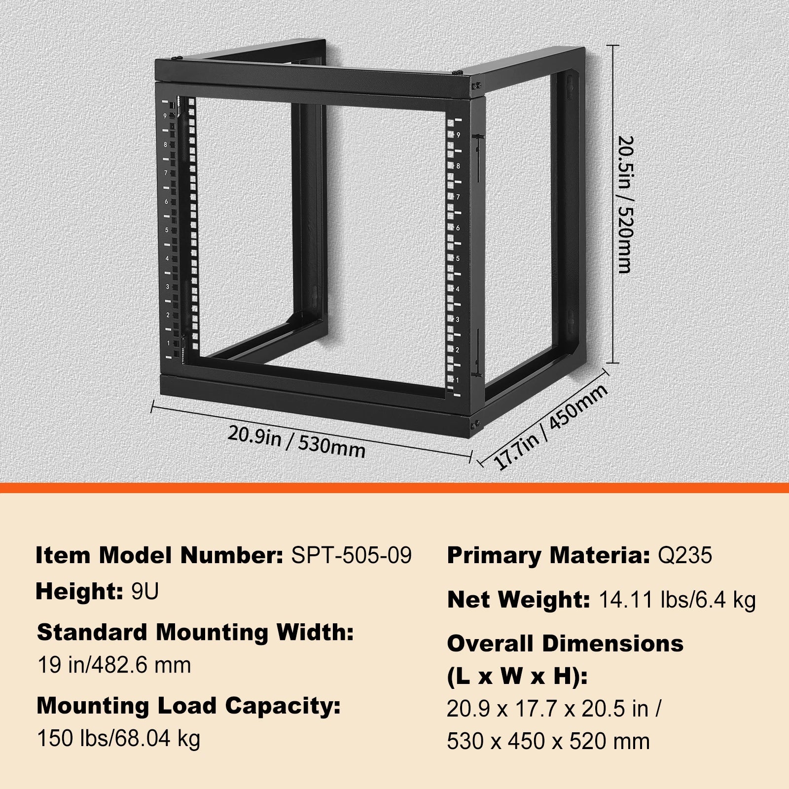 9U Wall Mount Server Rack 19 Inch Open Frame 150 lb Capacity