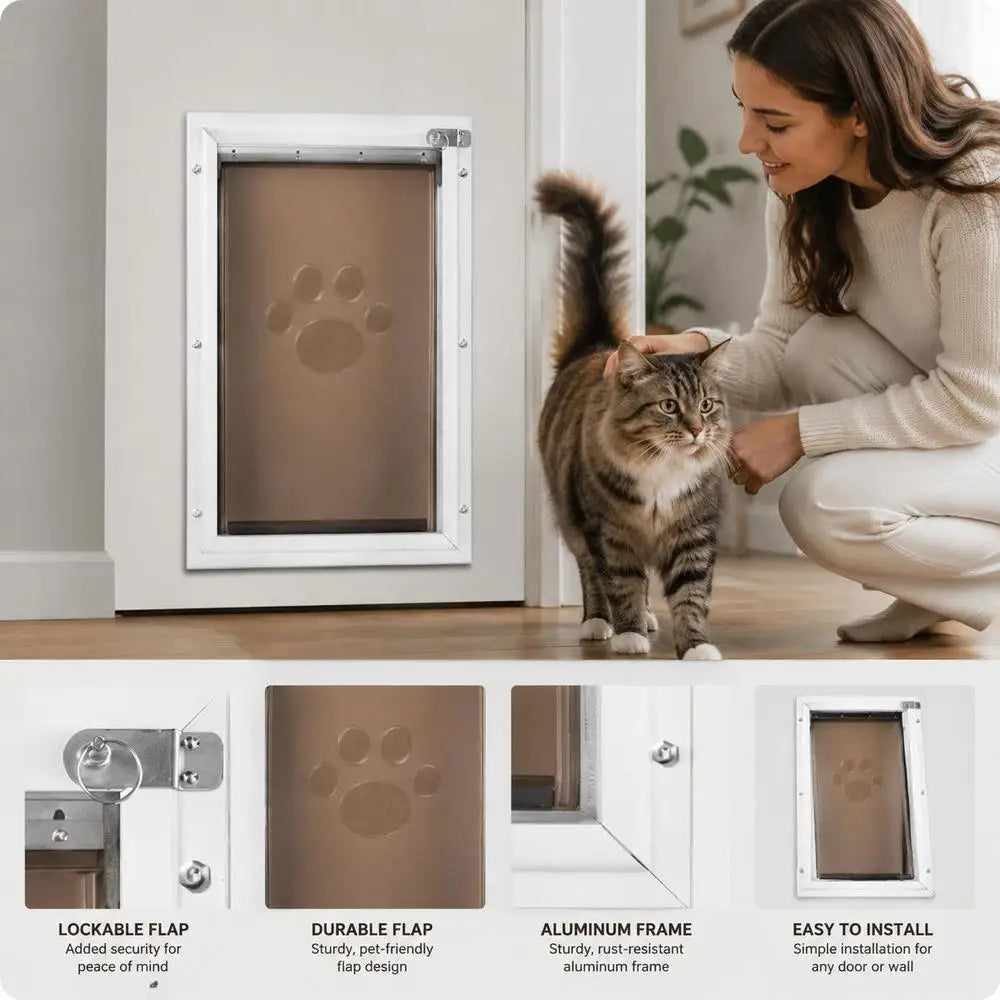 Pet Door/dog Flap Made Of Aluminum Frame With Lock And Flap System, 337 X 509 Mm, Weatherproof, Suitable For Cats, Dogs, And Kittens (White-L), Easy Installation