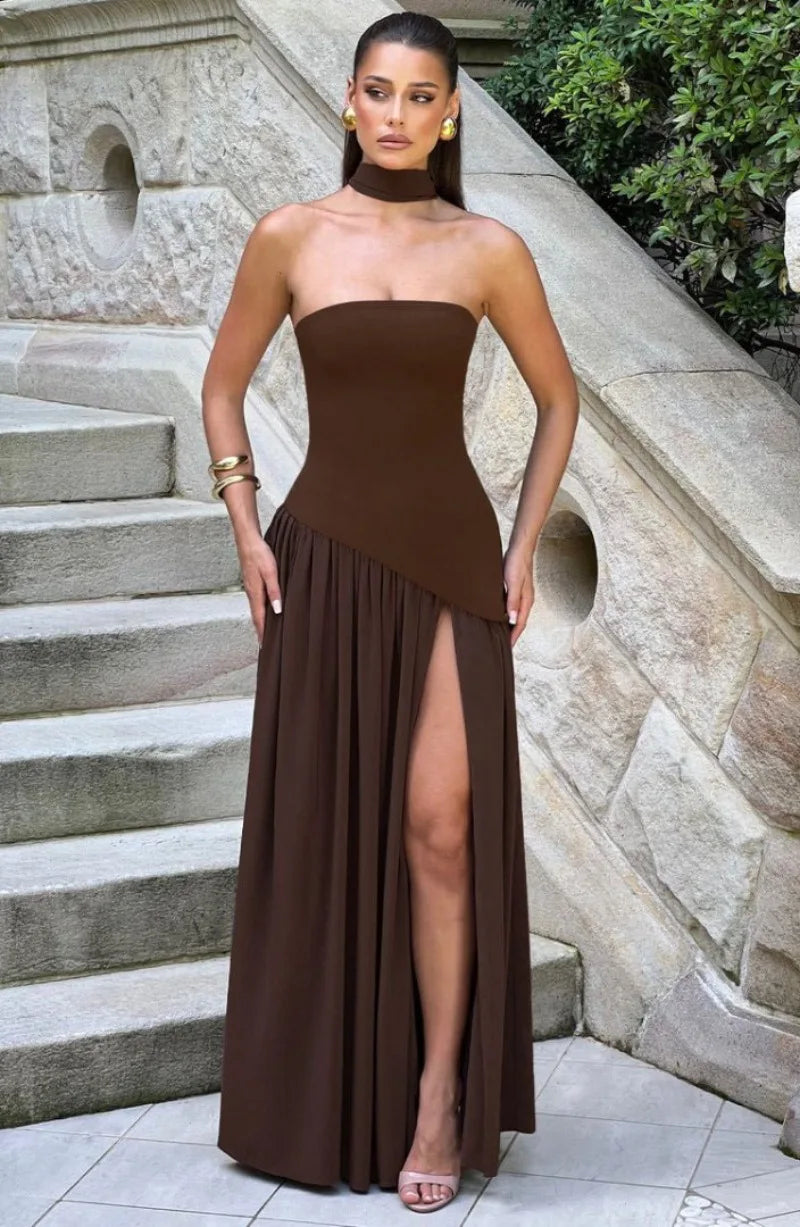 Elegant Strapless Floor-Length Women’s Slit Backless Evening Dress