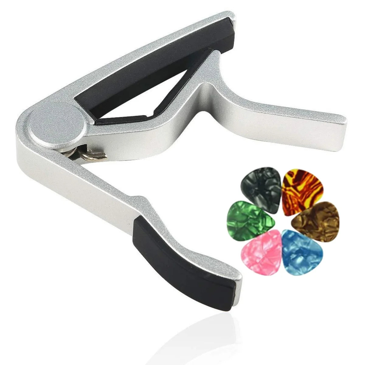 Metal Guitar Capo in Black or Silver, with 6 Guitar Picks