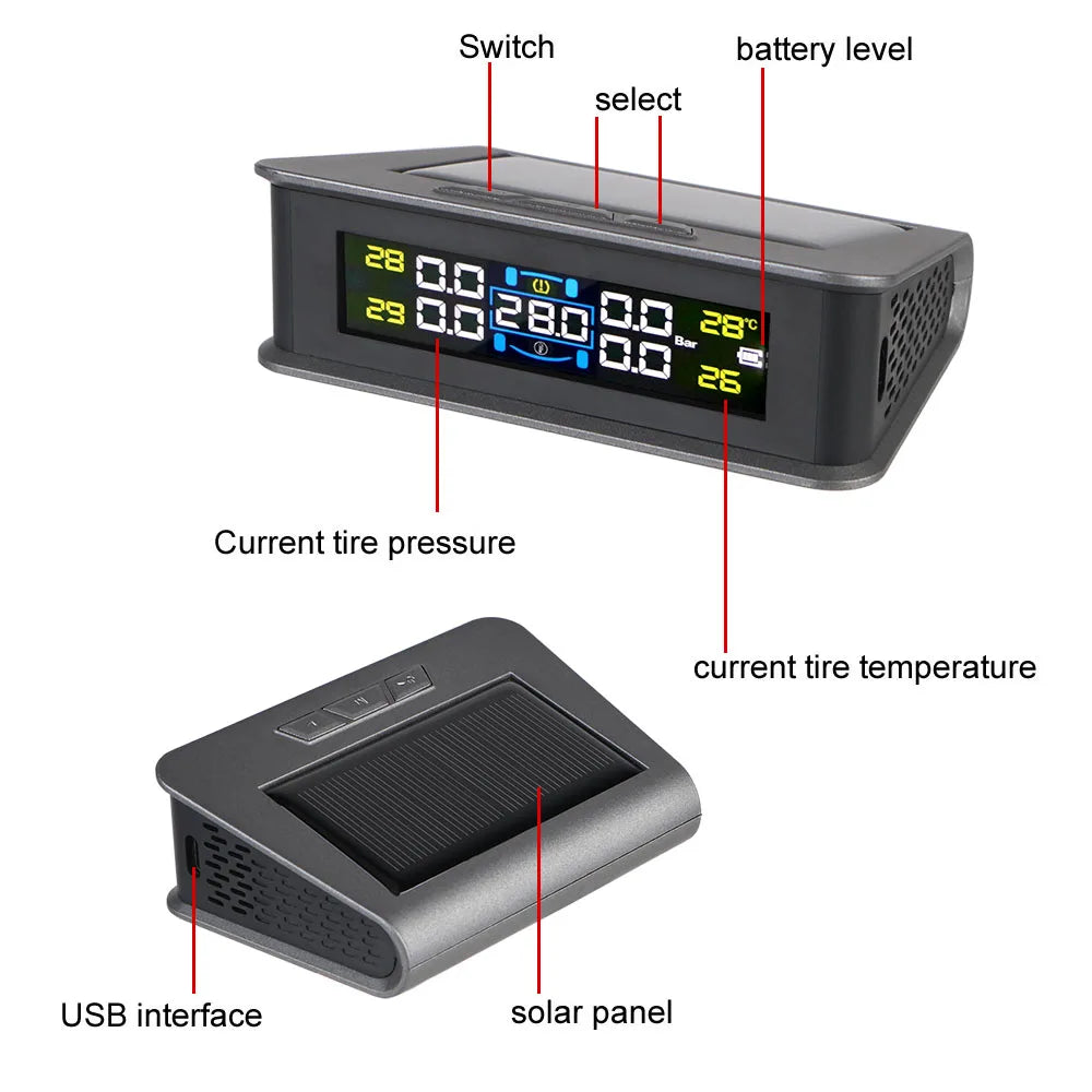 Solar TPMS Tire Pressure Monitoring System with External Sensors