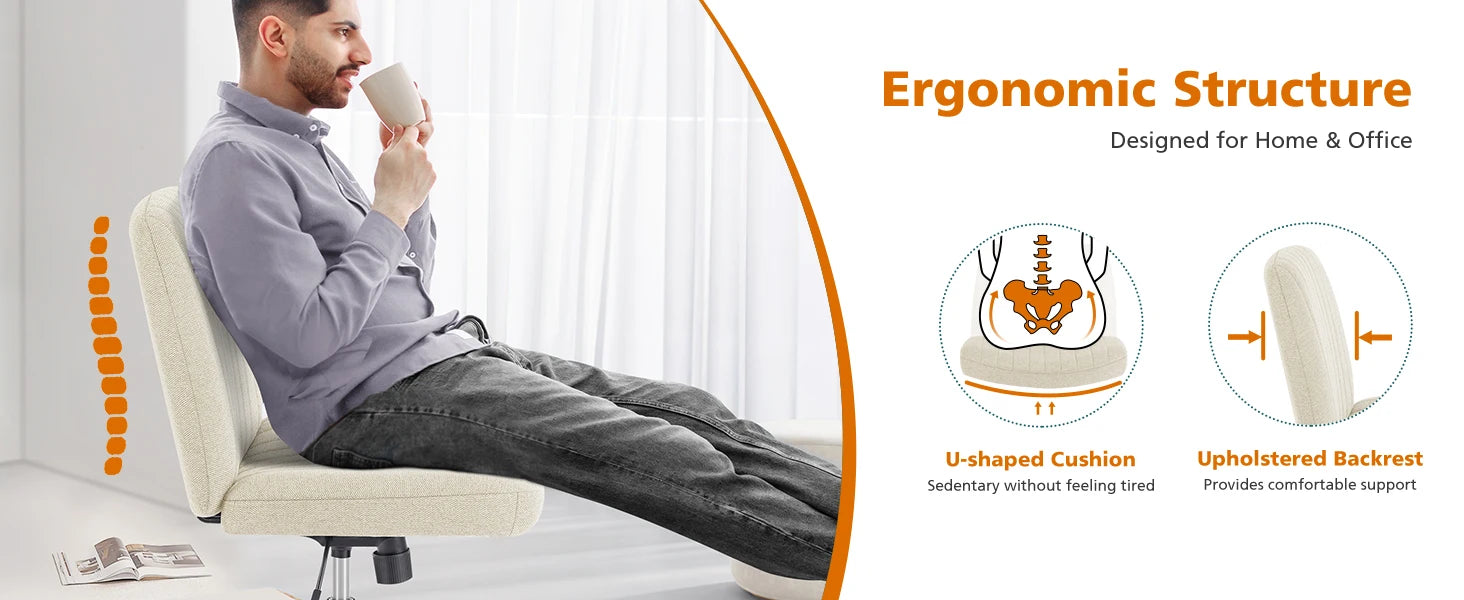 Chaise de bureau large jambes croisées, sans accoudoirs, siège pivotant réglable