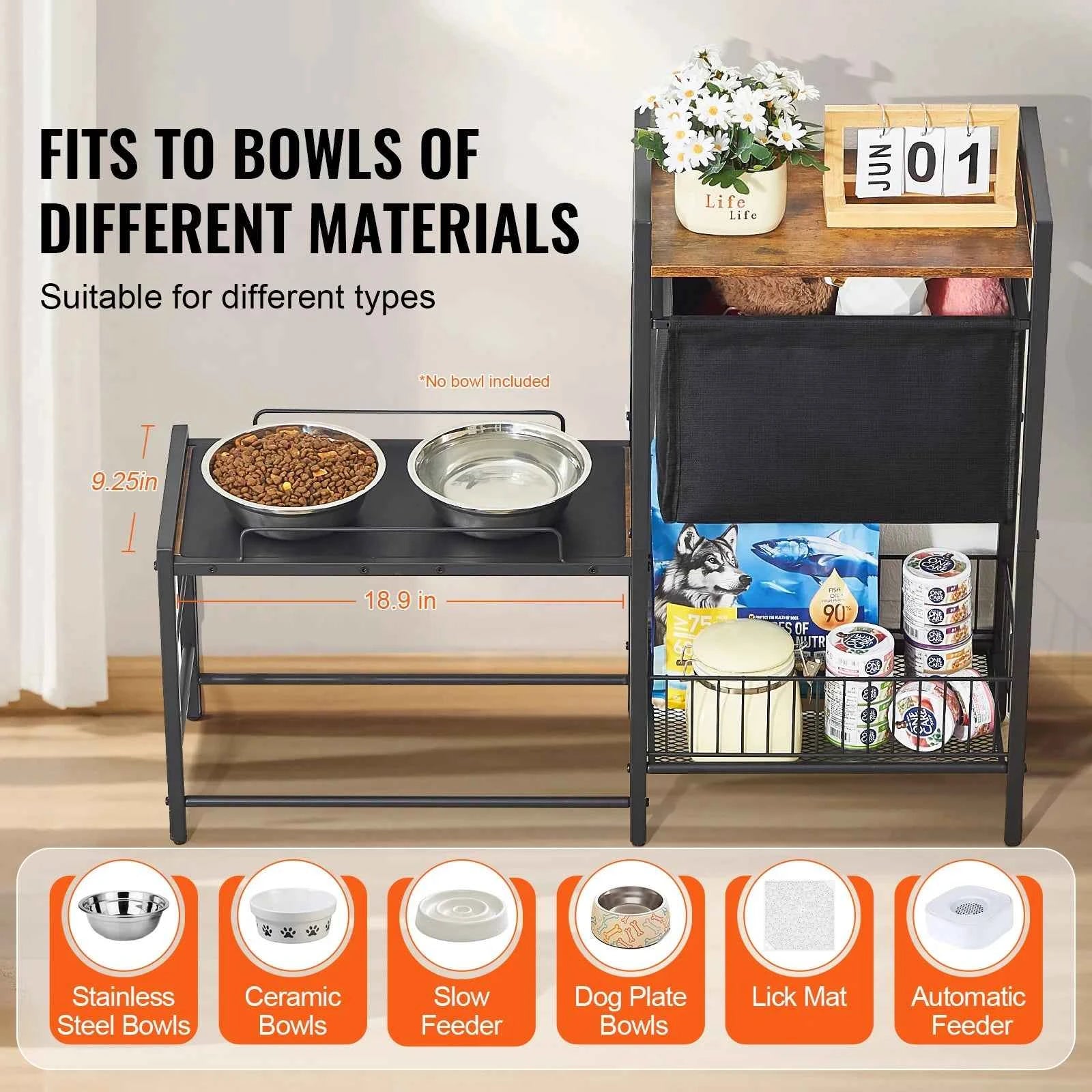 VEVOR Pet Feeding Station with Storage Elevated Dog Bowls Raised Dog Bowl Stand w/ Storage Shelves Pet Toy Storage Organizer