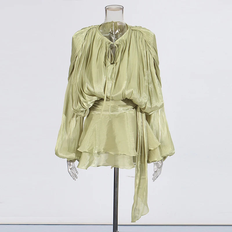 TWOTWINSTYLE Solid Patchwork Lace Up Blouse Mini Dresses For Women V Neck Long Sleeve Sweet Style Dress Female Clothing Fashion