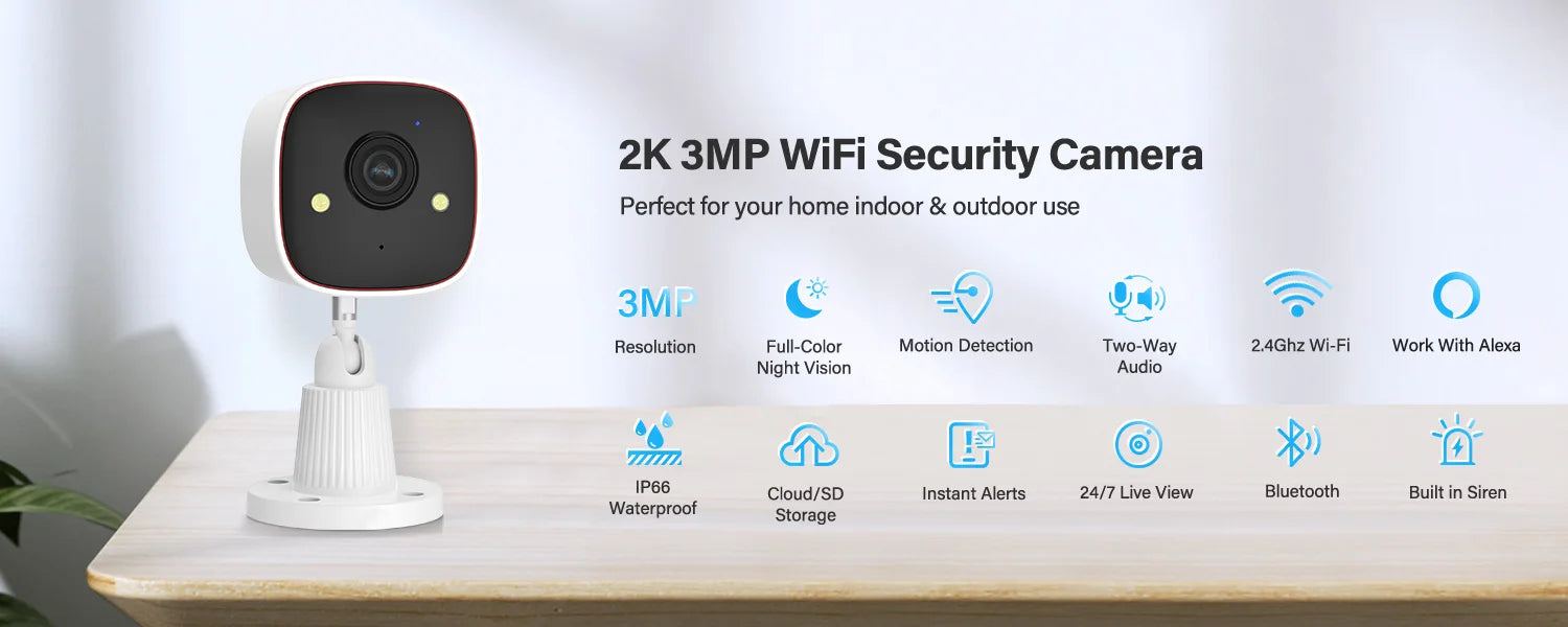 3MP WiFi Security Camera 1296P Outdoor Indoor Waterproof IP66