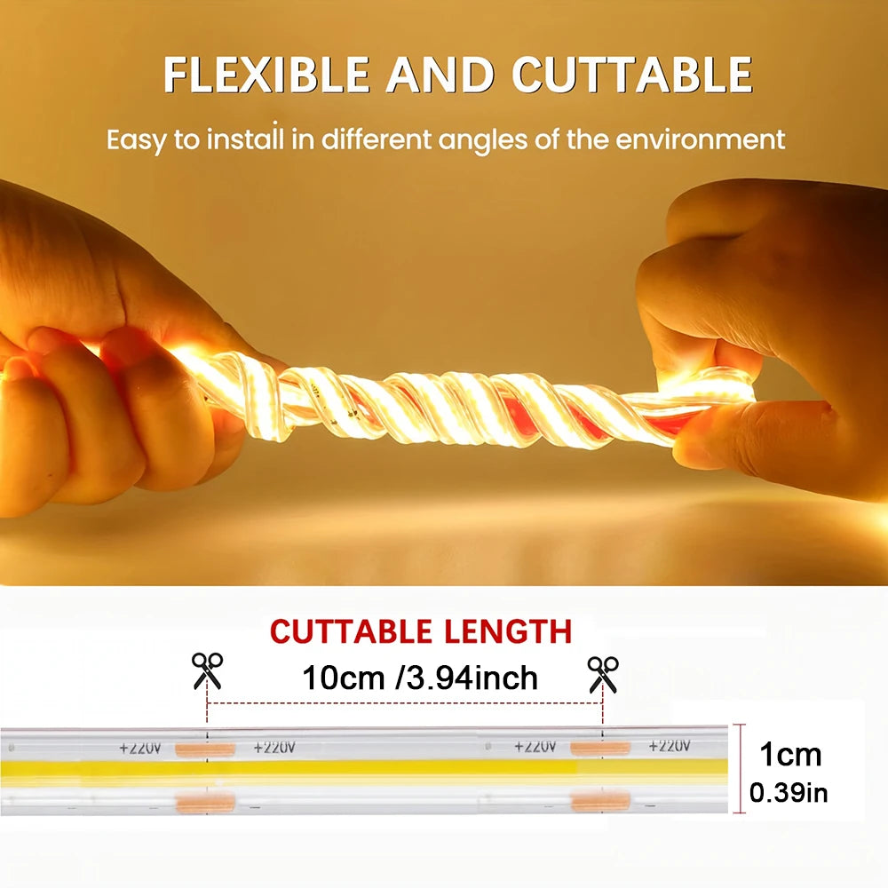 220V COB LED Strip, Warm or White, Length Options